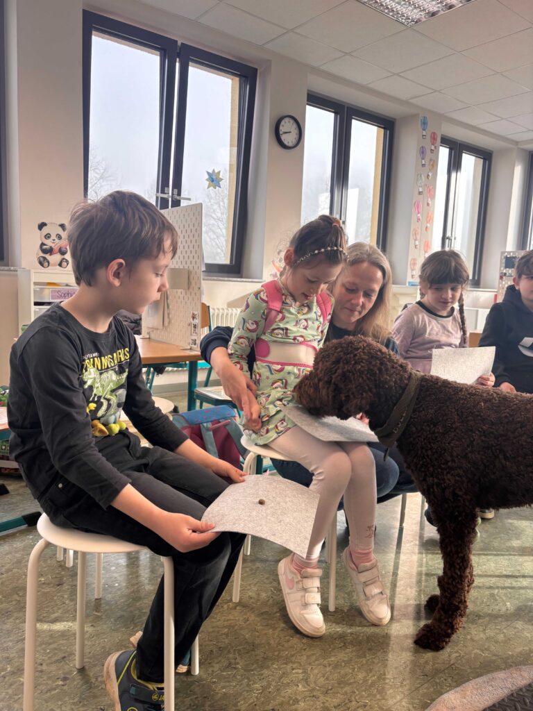 Schulhund Bolle bei den Schülern in der Klasse